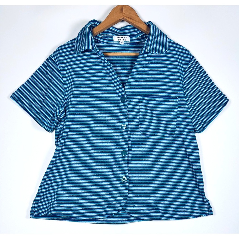 Frankies Bikinis Shirt Womens Medium Blue Striped Terry Button Up Cropped Cabana